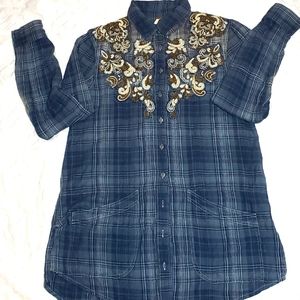 Free People wester style long sleeve button down embroidery embellished shirt